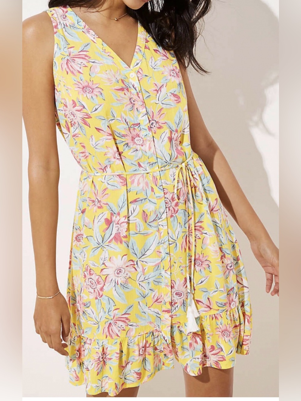 LOFT Beach Sun Dress Cover up Yellow Pink Floral Sleeveless Boho Medium